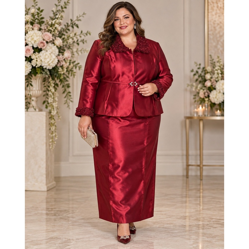 Luxe Especially Yours Skirt Suit Women 24W Red Satin Peplum Rhinestone Church